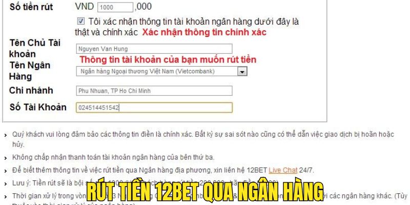 Rút tiền 12BET qua tài khoản ngân hàng